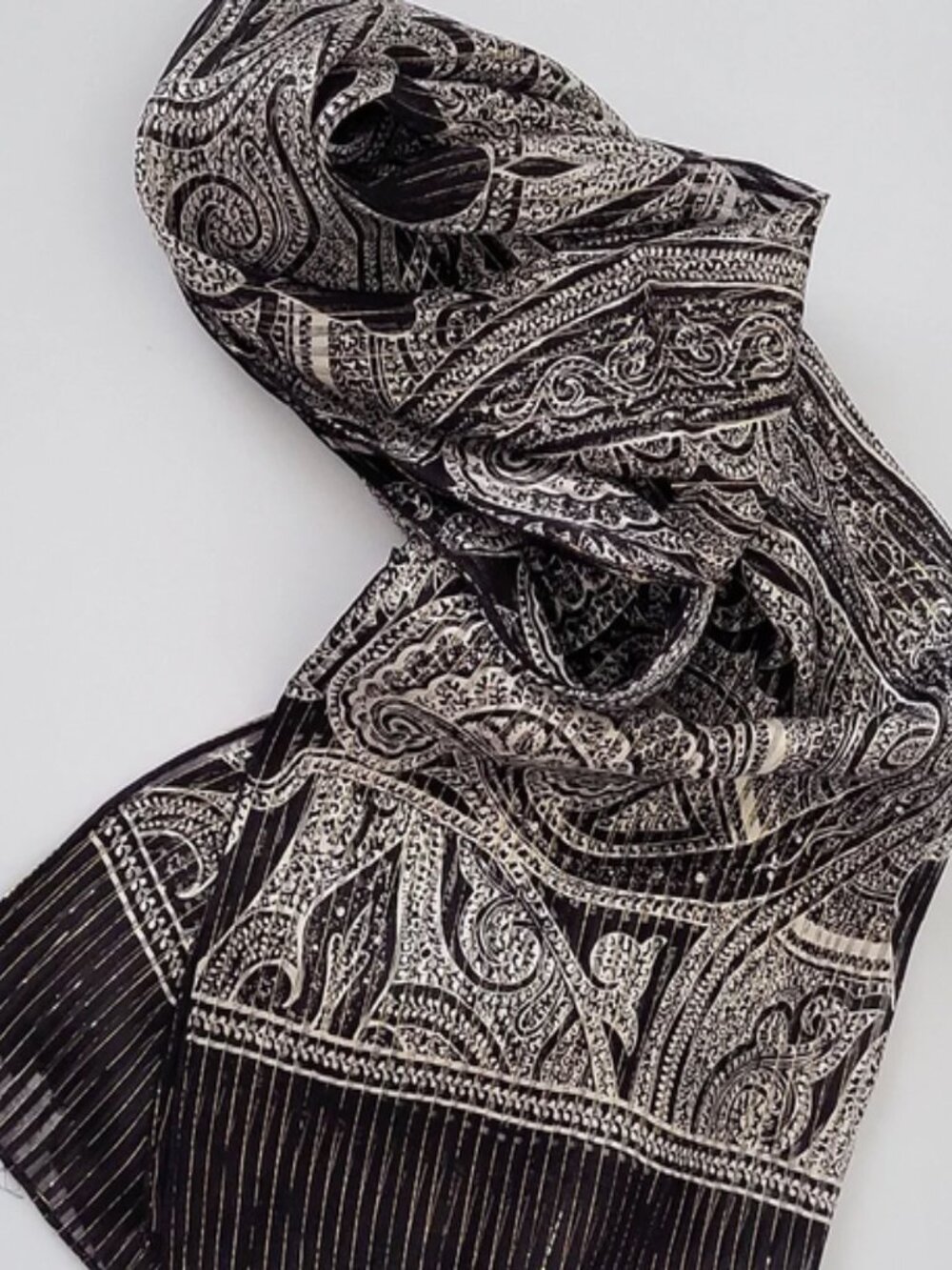 ECHO Paisley Silk Scarf Black White & Gold metallic pin stripe 16”x 59”